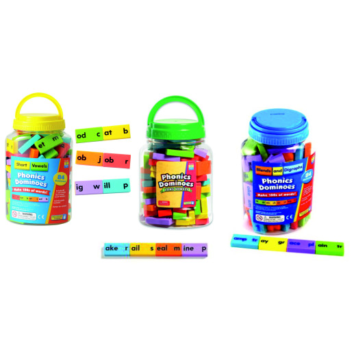 Set of three phonics dominoes tubs