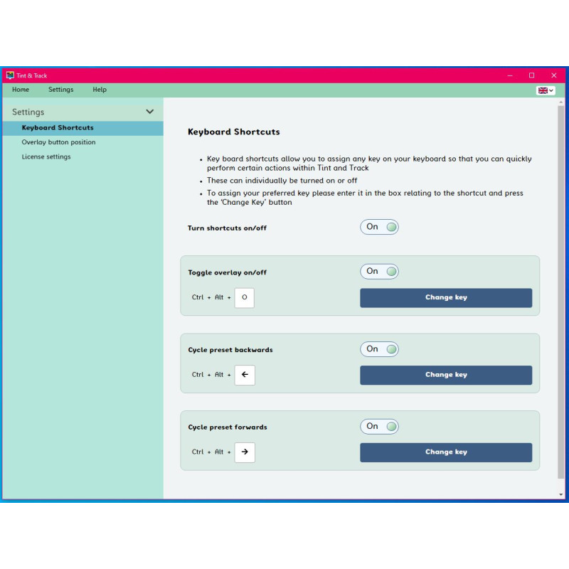 Keyboard Shortcuts setting screen